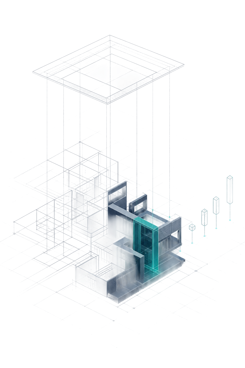 Abstract architectural system emerging from a technical blueprint